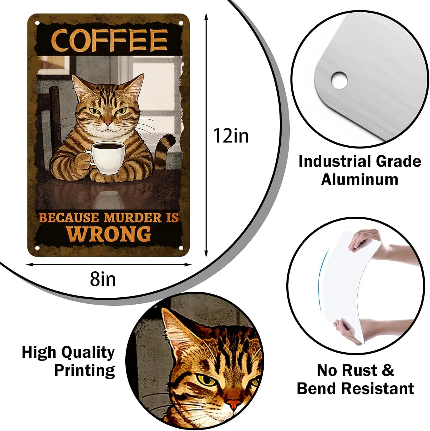 Retro Cat Metal Sign, Vintage Kitchen Signs Wall Decor, Coffee Because Murder Is Wrong Funny Aluminum Signs For Home Office Bar