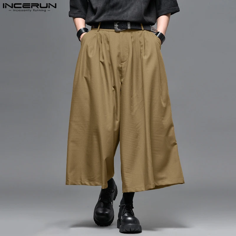 INCERUN 남성 와이드 레그 팬츠 버튼 조깅 플리츠 루즈 캐주얼 바지 남성 streetwear 한국 스타일 패션 레저 남성 바지