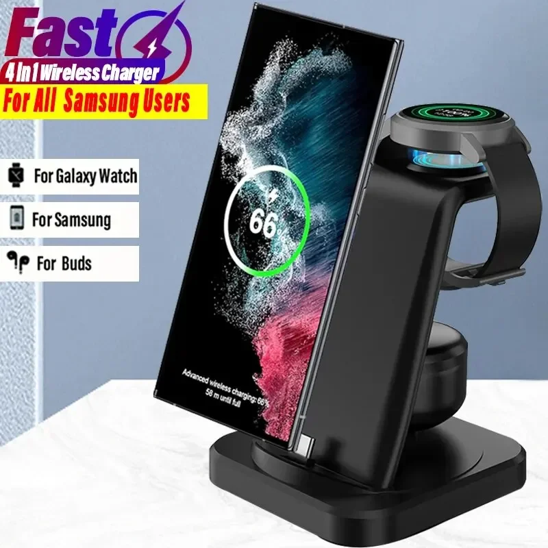 4 In 1 Fast Wireless Charger Station for Samsung S23 S22 S21 Note Charging Stand Dock for Galaxy Watch 6/5/4/3 Active Buds 2 Pro