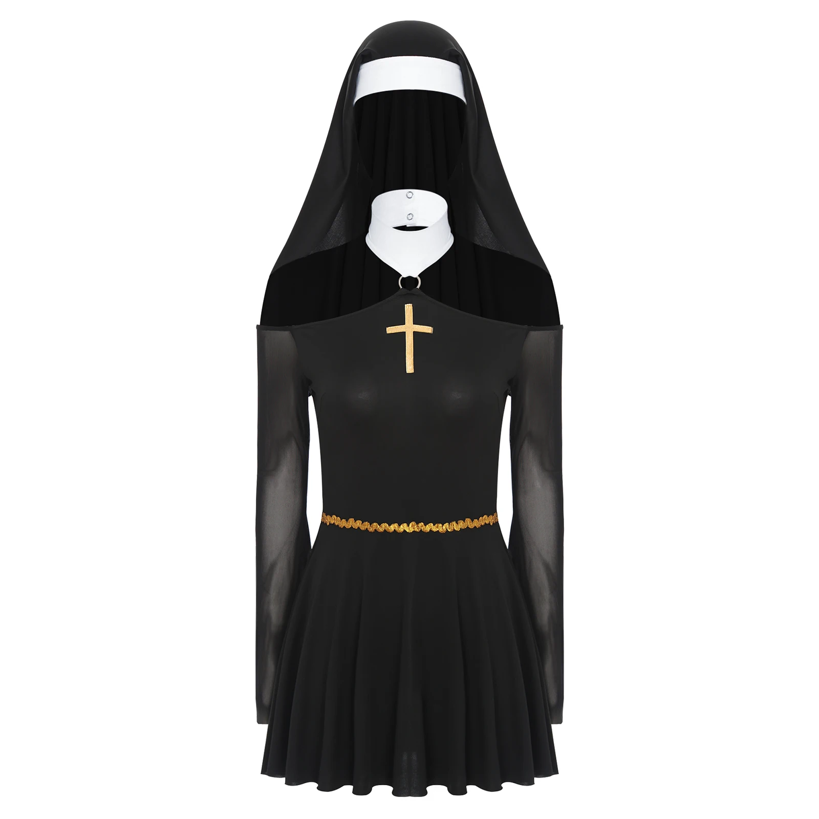 

Womens Naughty Nun Cosplay Dress And Coif O-ring Halter Mesh Long Sleeve Culottes Dress with Headscarf for Halloween Party