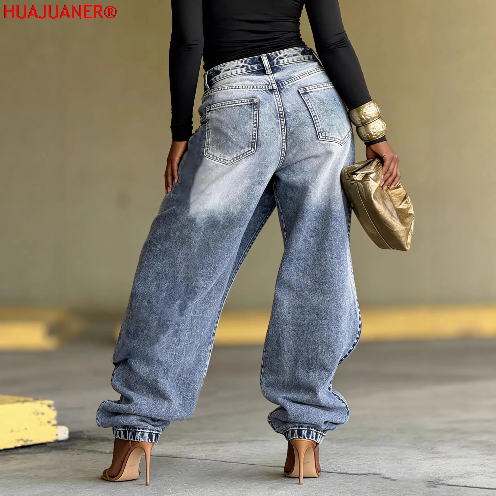 Jeans Women Vintage Wide Leg Pants Denims Washed Streetwear Patchwork 3