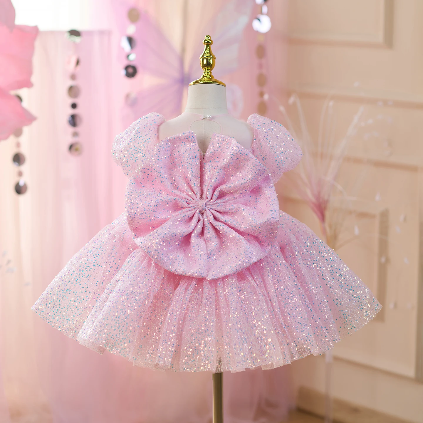 Dreamy Vow splendido abito da bambina rosa in tulle con paillettes con fiocco, matrimonio, compleanno, festa, lunghezza al ginocchio, abito da ballo J818