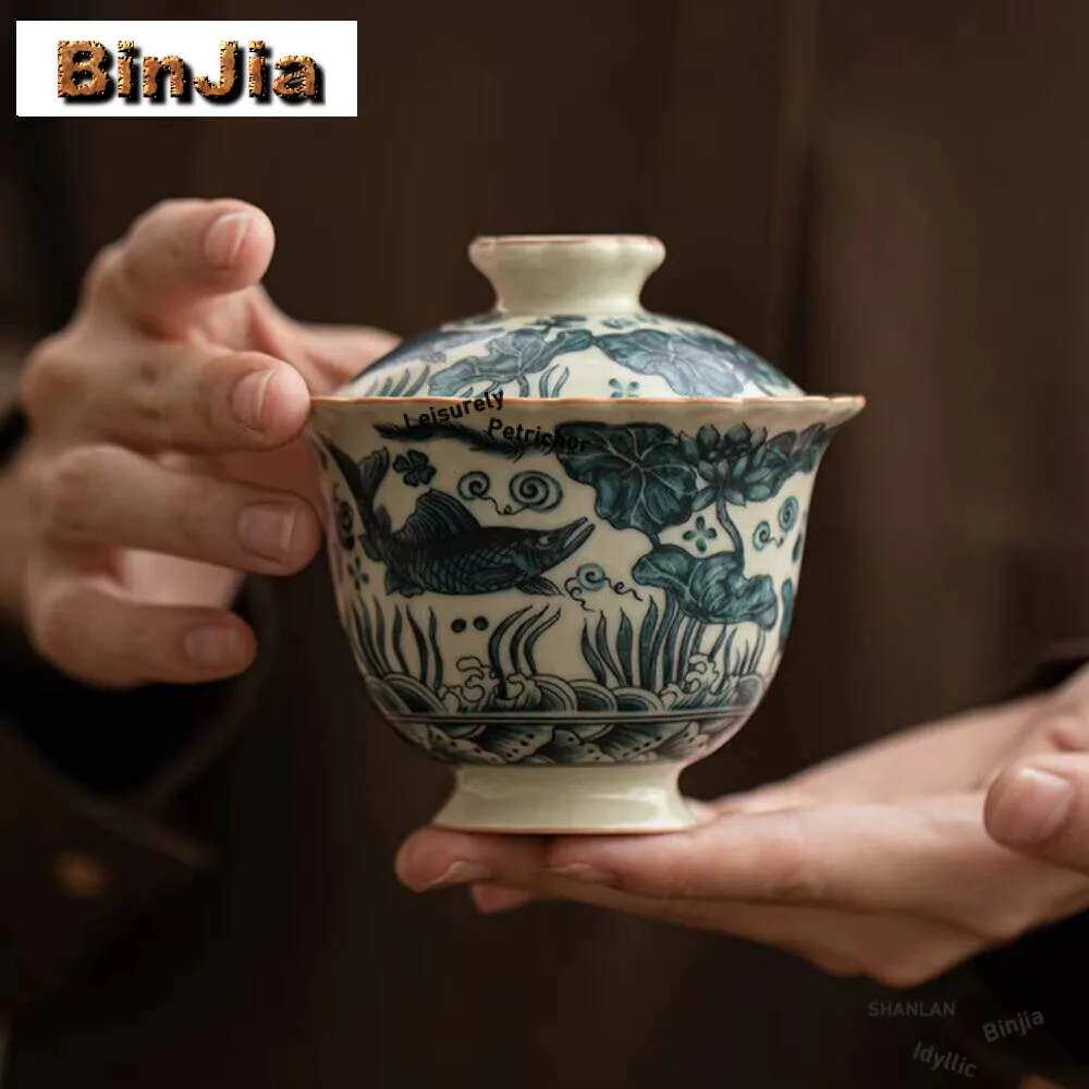 

150ml Handamde Ru Kiln Porcelain Gaiwan Japanese Fish And Algae Pattern Tea Tureen Maker Cover Bowl Teaset Cafes Collection Gift