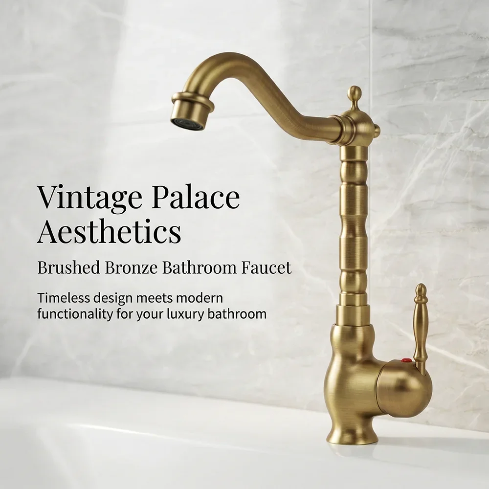 Brushed Gold Single Handle Cold And Hot Mixing Faucet Brass Body Universal for Bathroom Sink Kitchen Sink European Classic Rotat