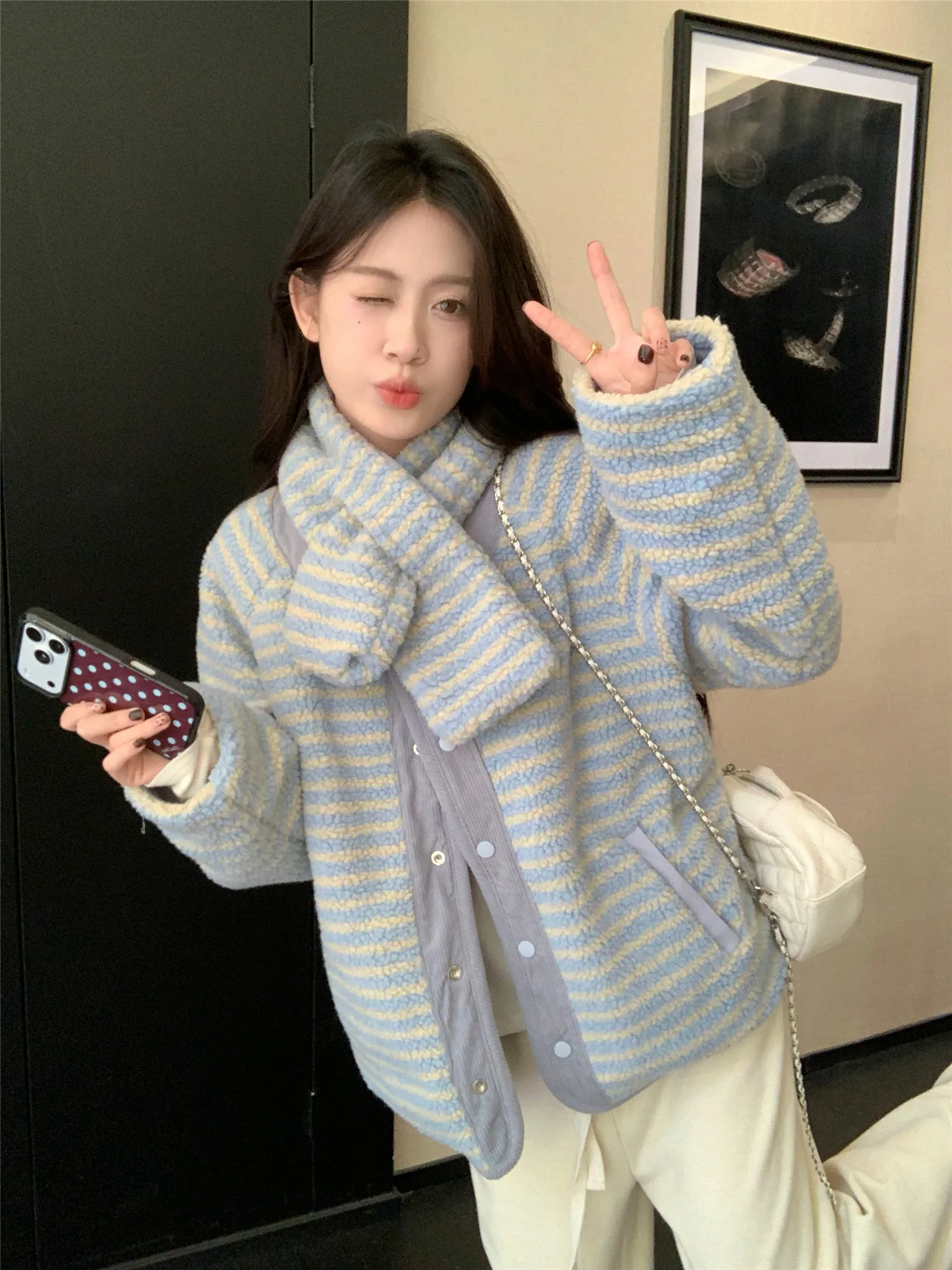 Korean Sweet Two Side Wear Padded Jacket Women Fleece Lined Thick Warm Parkas Woman Lazy Style Stripe Scarf Winter Jackets