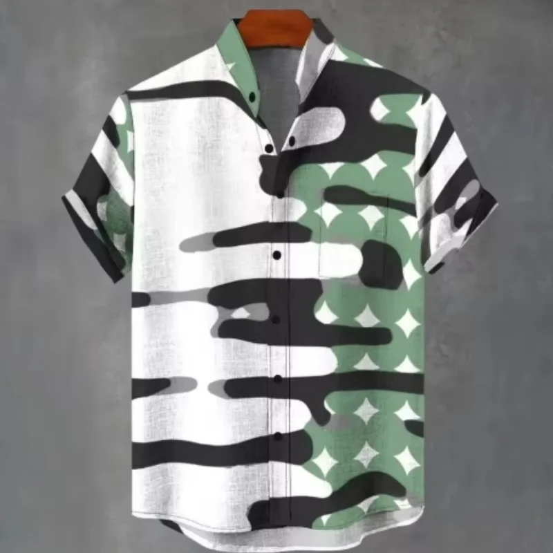 Kemeja Kancing Sebaris Kerah Berdiri Lengan Pendek Linen Kasual Musim Panas Pria Baru 2025 Atasan Cetak Nyaman dan Modis