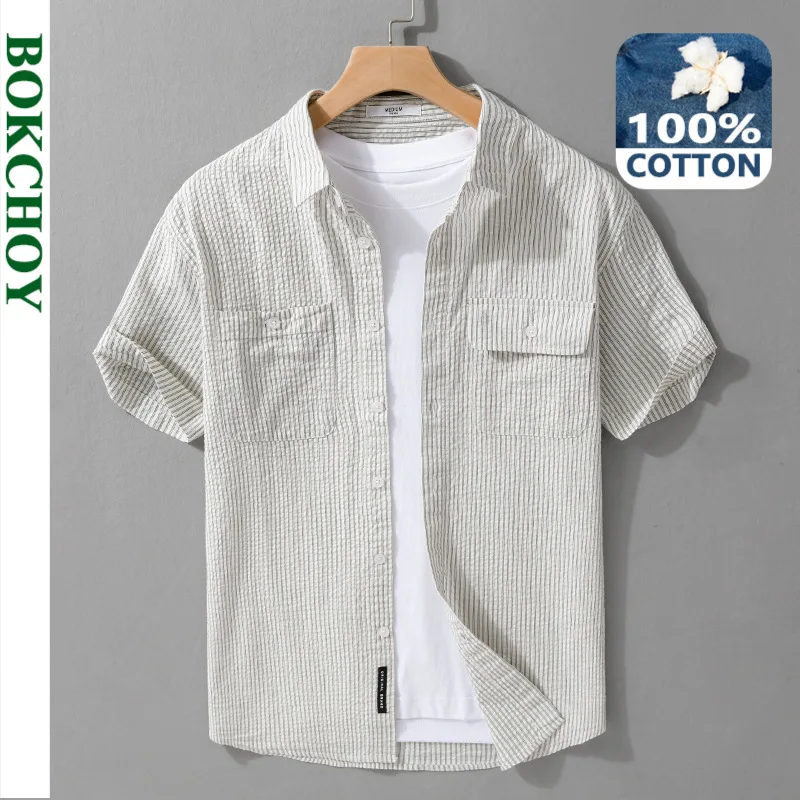 2024 Summer New Men Striped Shirt Pure Cotton Wrinkled Fabric Fashion Comfortable Short Sleeve FY735