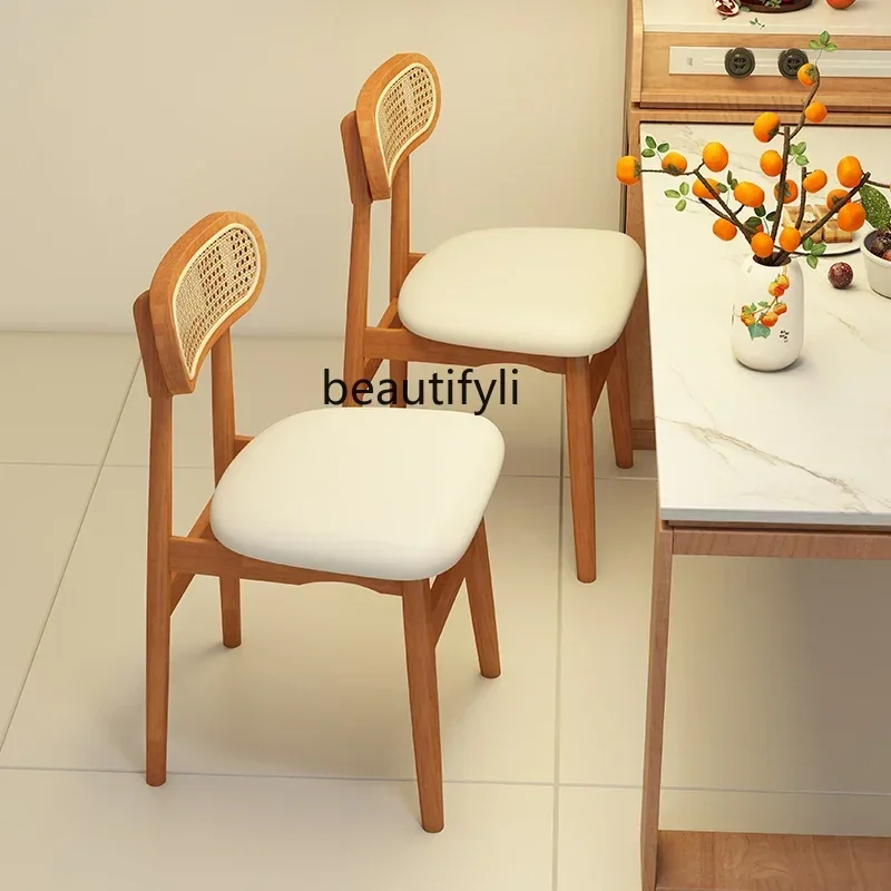 

Q181 Nordic Solid Wood Rattan Dining Chair Home Hotel Dining Chair Backrest Cream Style Dining Chair Modern Bedroom