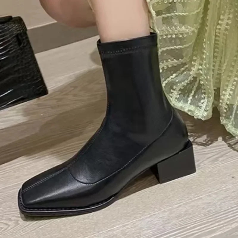 2024 High Quality Ladies Shoes Zipper Women\'s Boots Winter Square Toe Solid Short Barrel Chunky Heels Fashion Mid Calf Boots