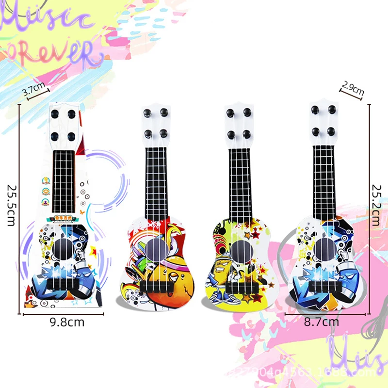 เด็กปริศนาของเล่นเครื่องดนตรีจําลองกีตาร์ Ukulele MINI สี่สายสามารถเล่นการศึกษาของเล่นของขวัญวันเกิด