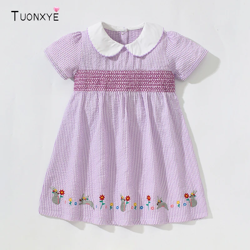 TUONXYE Girls Woven Dress Rabbit Flowers Embroidery Back Button Short Sleeve Striped Kids Princess Dresses For Little Babys