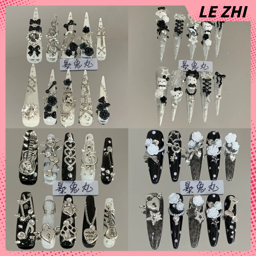 

Y2K Long Stiletto Handmade Press On Nails 3D Hello Kitty Flowers Heavy Metal Diamond Bowknot Wearable Full Cover Fake Nails