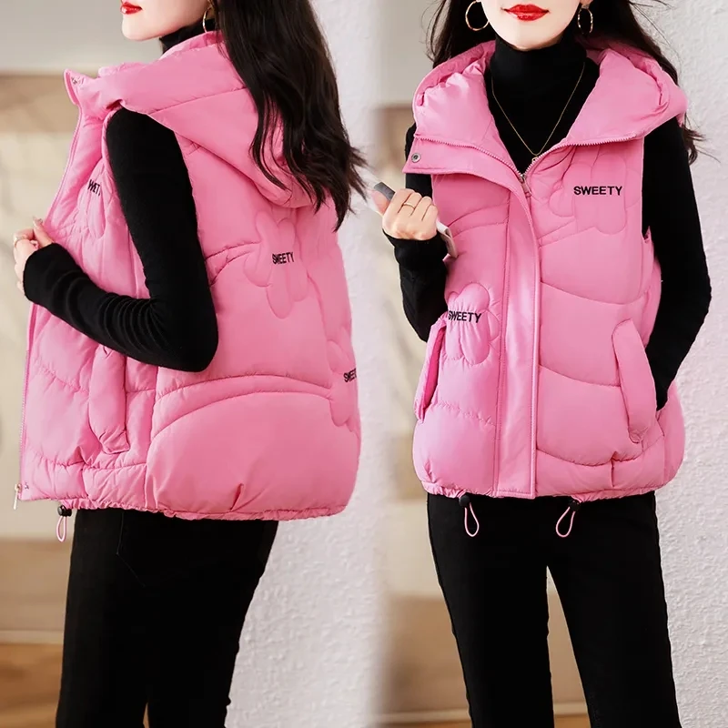 Jaqueta puffer de algodão acolchoada para mulheres, colete com capuz, curto, solto, parkas quentes, colete baixo, outwear feminino, novo, 2024