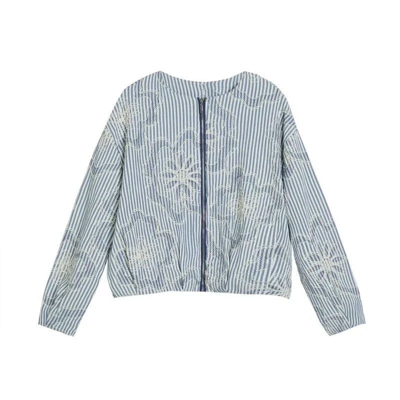 

Повседневная куртка с вышивкой, женская элегантная роскошная куртка на молнии с круглым вырезом и длинными рукавами, весна 2024, винтажная женская верхняя одежда для поездок на работу, топ