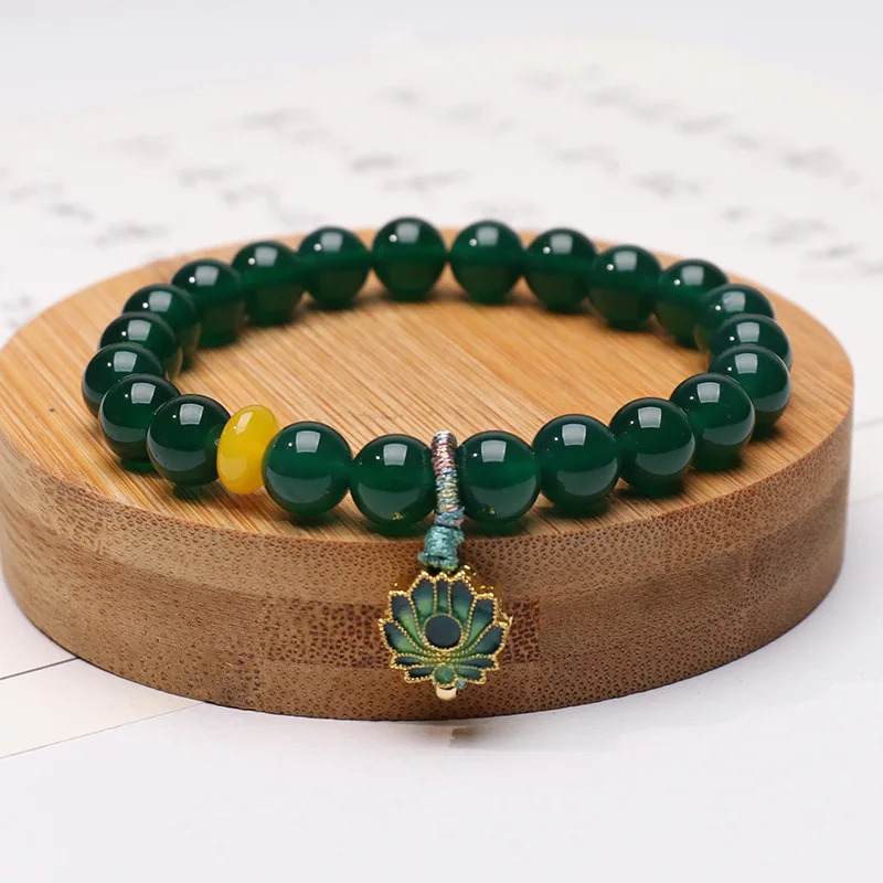 Vintage Chinese Style Natural 8mm Green Agate Bracelet with Yellow Agate Lotus Pendant and Tassel Best Friends Bracelets Gifts