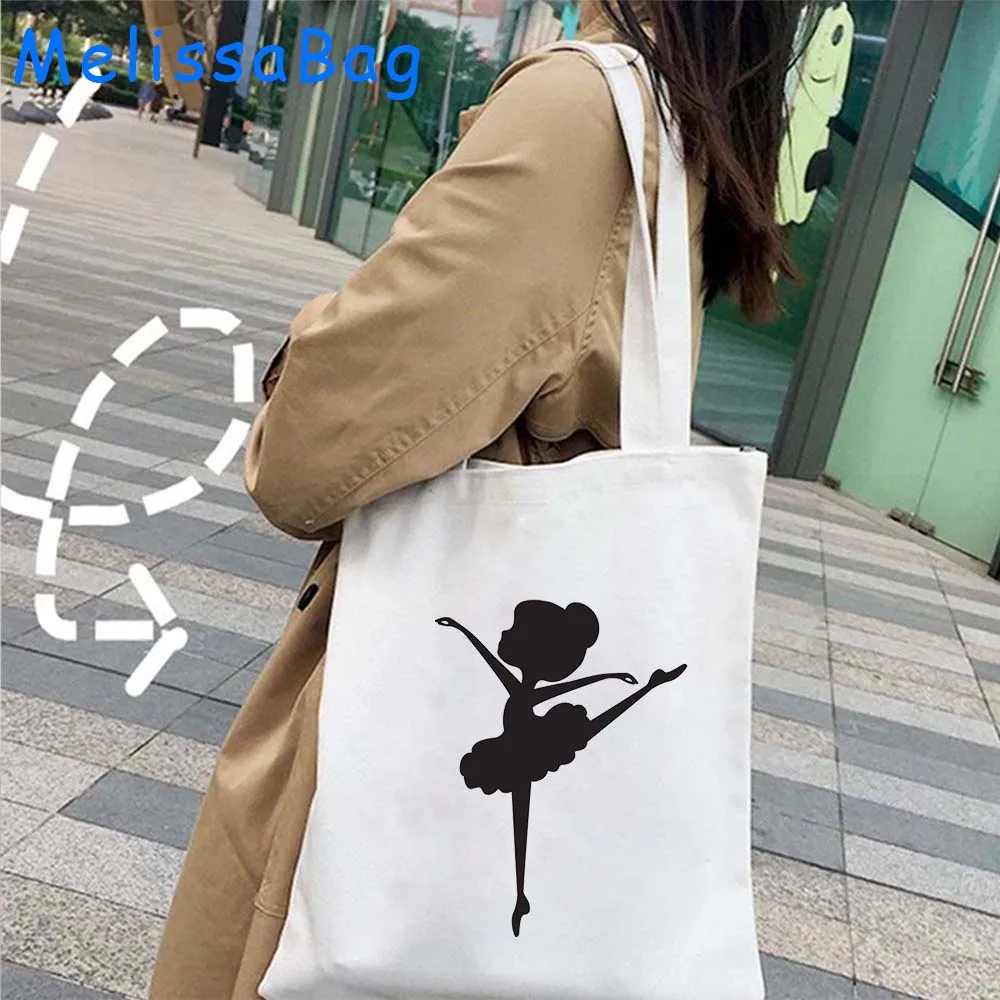 Bolso de mano de lona con silueta de chica bailarina, bolsa de algodón con corazones, amor, baile, bailarina de Ballet, gimnasia, regalos bonitos, Harajuku