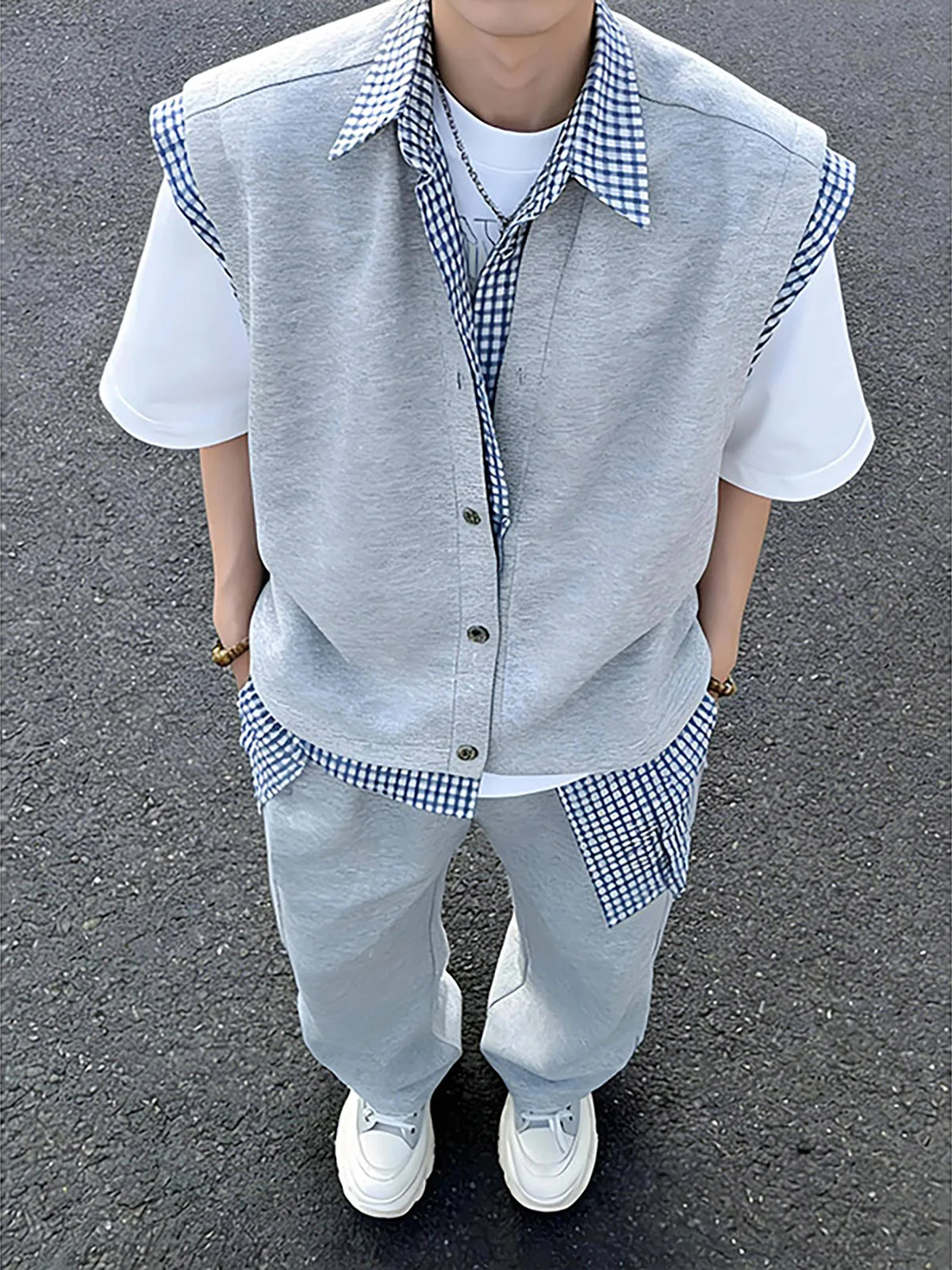 Men's Casual Style Plaid Splice Open Cardigan Vest Short Sleeve Turn-down Collar Shirt Korean Design Summer Outerwear
