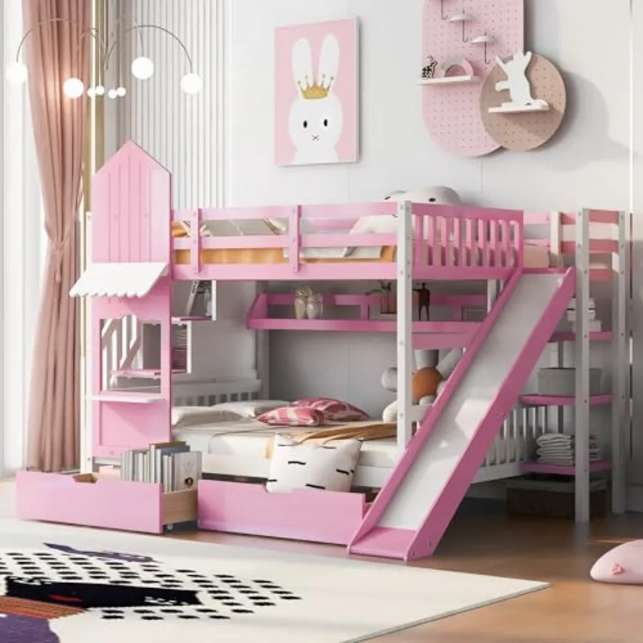 

Castle Style Bunk Bed, Wood Bunkbed w/ 2 Drawers and 3 Shelves, Full-Length Fence, Bedframe with Slide and Storage Ladder, Spac