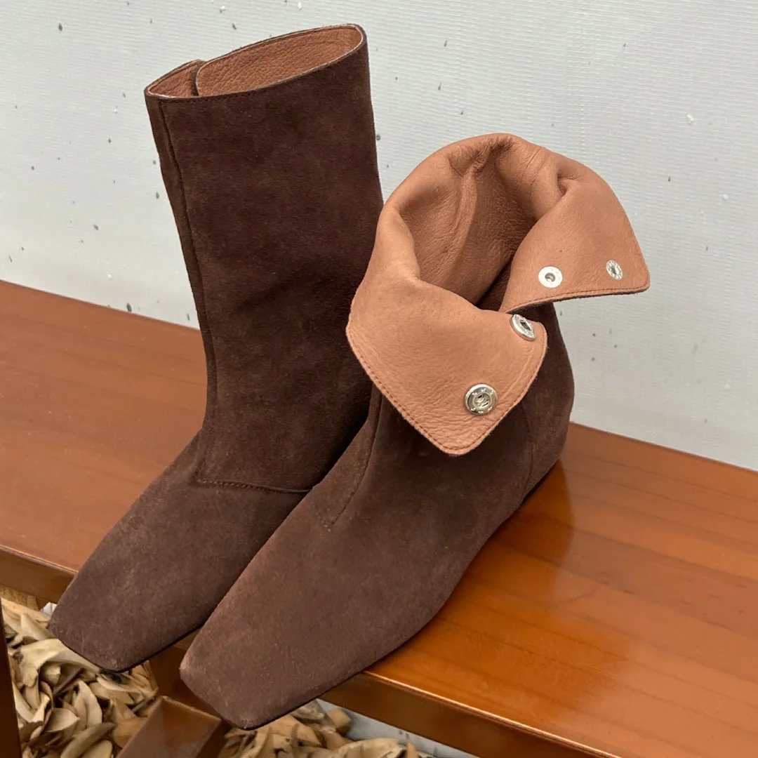 2024 Autumn new women's natural suede leather metal Button slip-on wedge square toe ankle boots Internal elevation elegant shoes