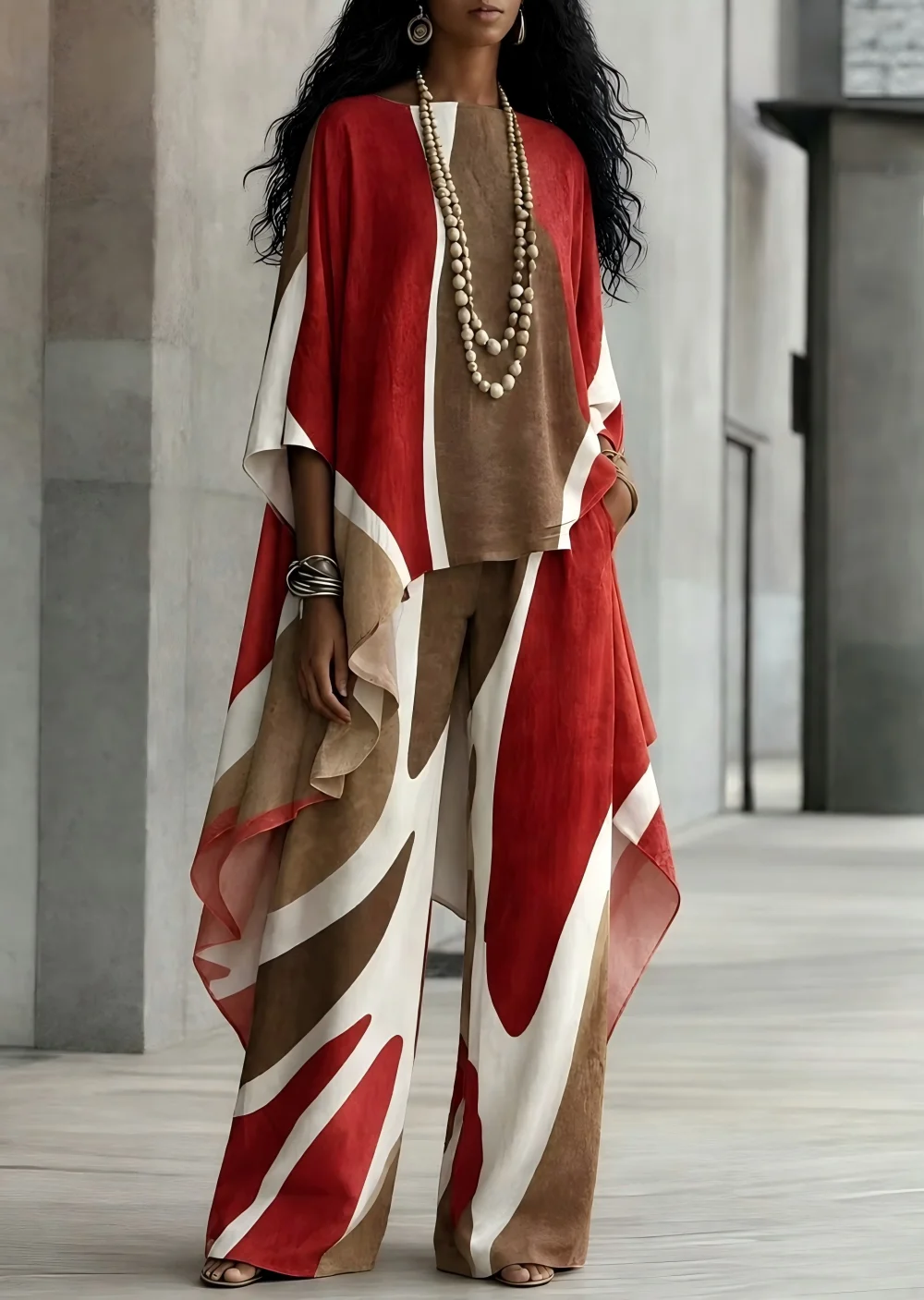 Women Color Block Geometric 2 Piece Set Irregular Asymmetrical Hem Top Draped Wide Leg Pants Casual Vacation Outfits