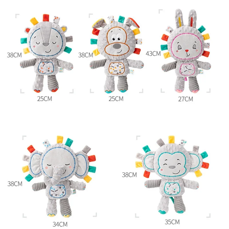 몬테소리 어린이 만화 동물 봉제 인형 조기 교육 아기 동반 장난감 내장 딸랑이 감각 수면 봉제 인형 선물