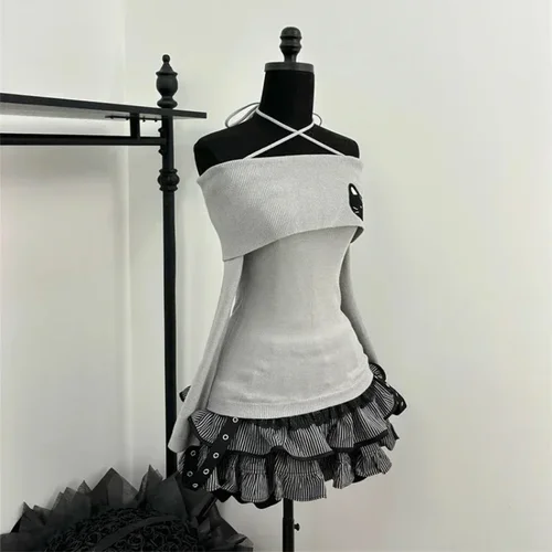 Imagen 2 del producto Conjunto elegante japonés Y2k de 2 piezas para mujer, blusa elegante de manga larga + minifalda con volantes, trajes de cumpleaños Rave de estilo coreano