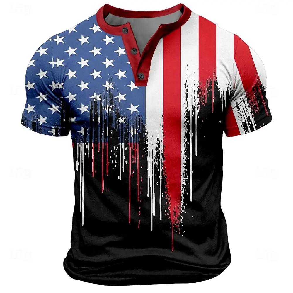 USA American Flag 3D Printed Henley Shirts Men's Fashion Streetwear Oversized Button Short Sleeve T Shirt Tees Tops Man Clothing