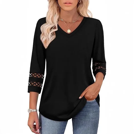 Loose V-neck Seven Quarter Sleeve Tshirt Women's 2026 New Round Neck Hollowed Out Casual Top Bluzy I Bluzki Top Mujer
