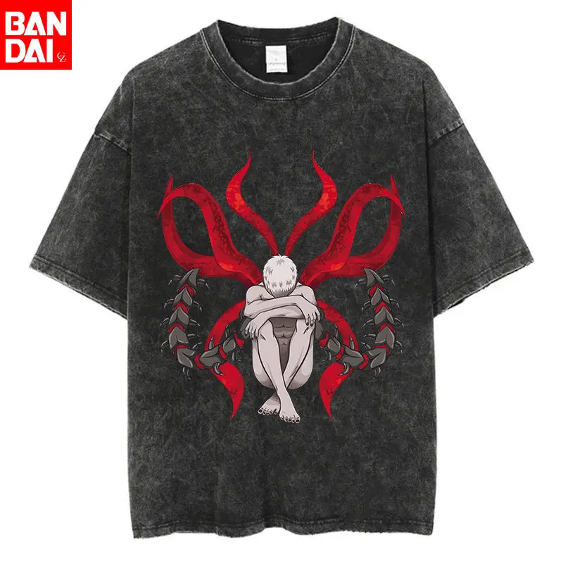 Vintage Washed Tokyo Ghoul Kaneki Ken Centipede Kagune Anime T-Shirt Herren Harajuku Gothic Streetwear Oversized Kurzarm-T-Shirt