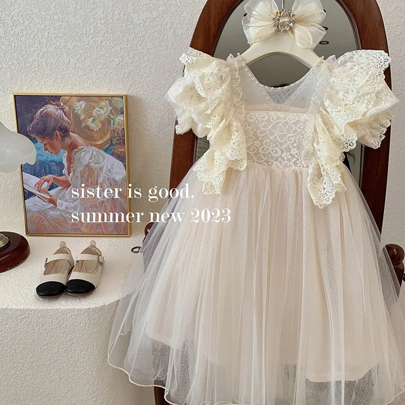 

Female Little Kids' Summer Clothing Nail Pearl Lace Fairy Dress Baby Girl Western Style Lace Puff Sleeve Puffy Mesh Princess Dre