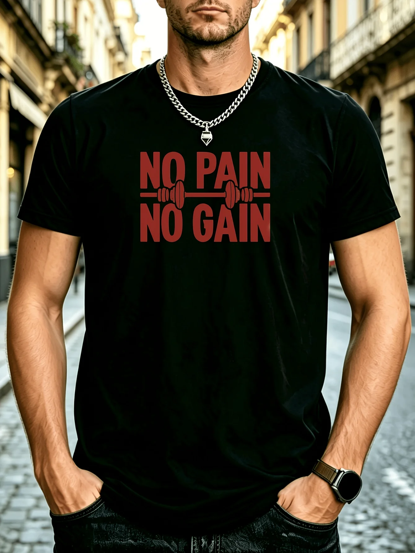 Men'S No Pain No Gain Barbell Print Funny T-Shirt Casual Workout Gym Tee Father