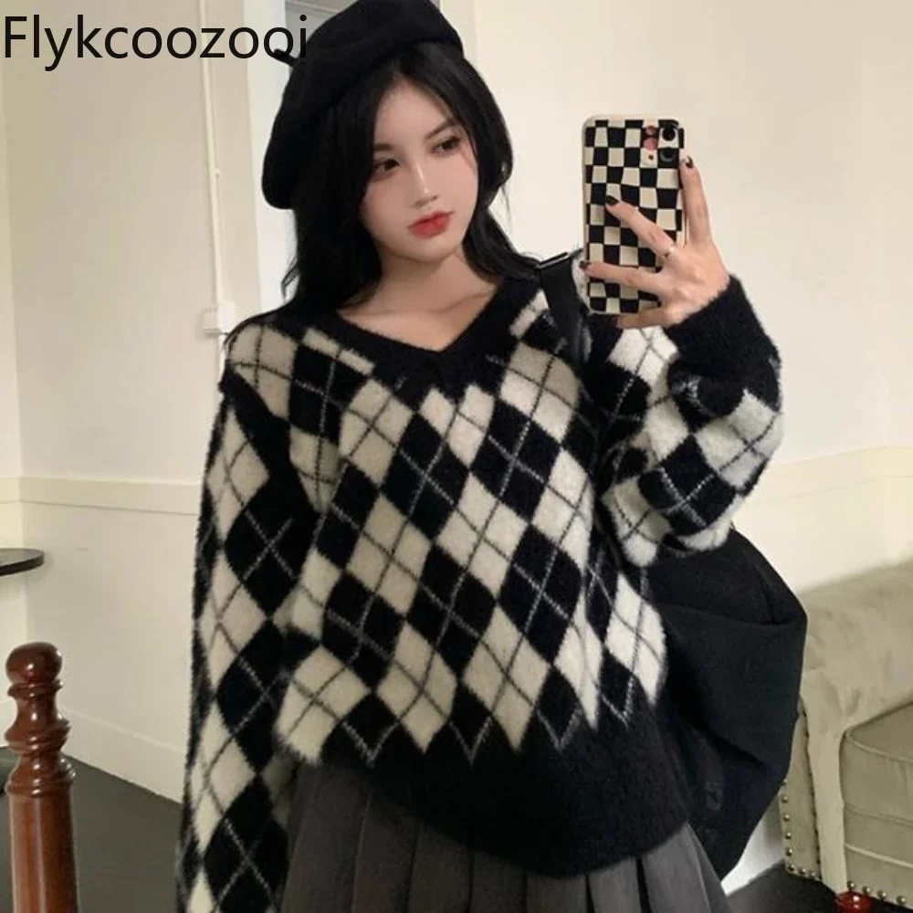 Imitation Mink Vest + Detachable Sleeves Loose and Slouchy Style Print Two Wear Knitted V-neck Pullover Sweater Woman