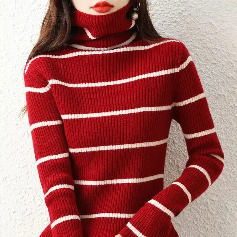 Outono novo fino-ajuste listrado de malha inverno gola alta manga comprida roupa interior básico pilha colarinho pullovers feminino topo