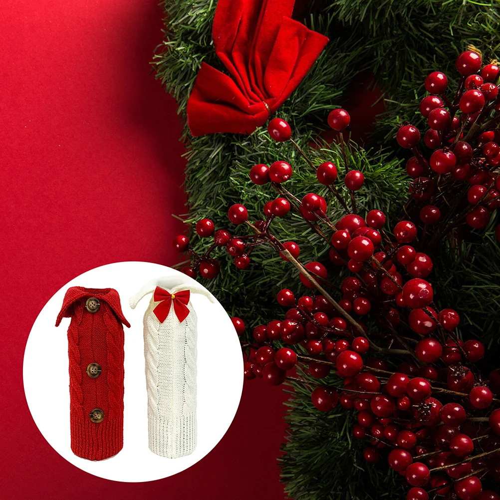 

2Pcs Christmas Knitting Wine Bottle Covers Reusable Party Decoration Xmas Wine Bottle Pouches Festive Table Ornament