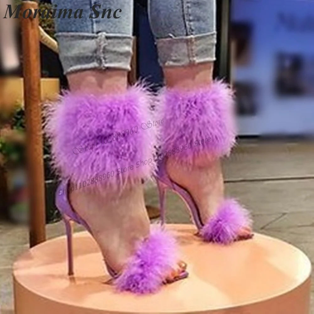 Graceful Purple Patent Leather Fur Decor Sandals Stilettos High Heel Women Shoes Back Zipper Open Toe 2023 Zapatos Para Mujere