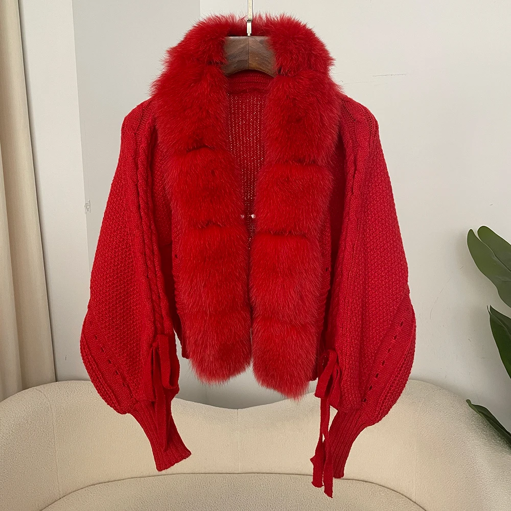 New Knitting Cardigan 2024 Winter Women Knitted Jacket with Natural Fur Placket Coat Casual Real Fox Fur New Fashion Short Warm