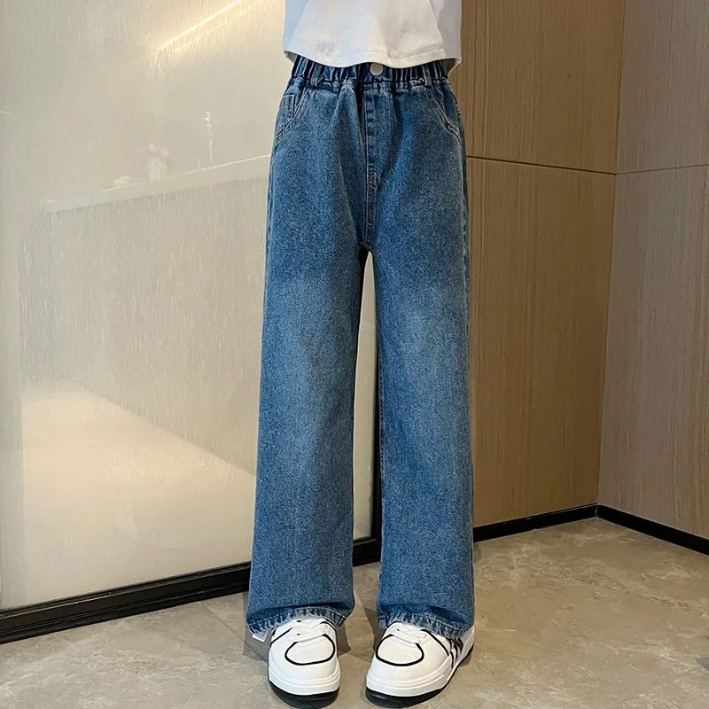 2026 New Autumn Kids Children Vintage Blue Jeans Trousers For Boys And Girls Brief Style Straight Denim Pants Age 5 To 14 Years