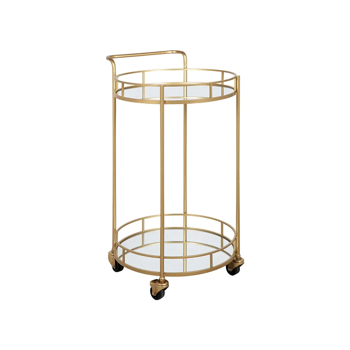 Gold Bar Cart 4-Wheel Rolling Metal Trolley With Mirrored Glass Top 2 Trays For Serving Drinks Tea Wine Coffee In Hotels