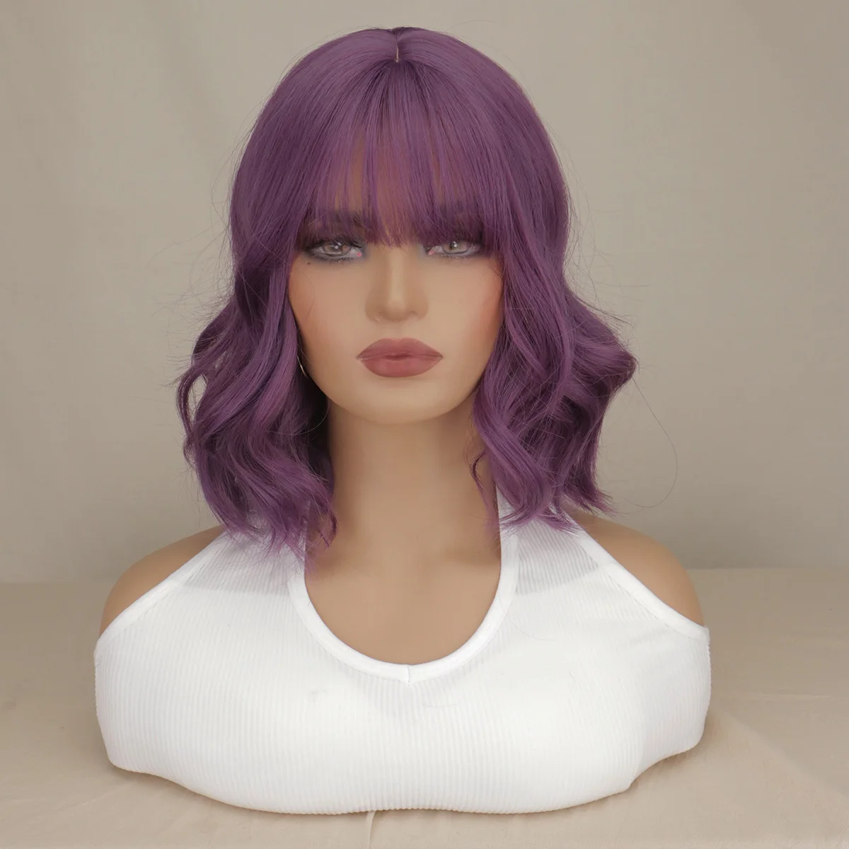 Women Natural Synthetic Purple Short Curly Wigs with Hair Bangs for Women Heat Resistant Look Full Hair Wigs Grils