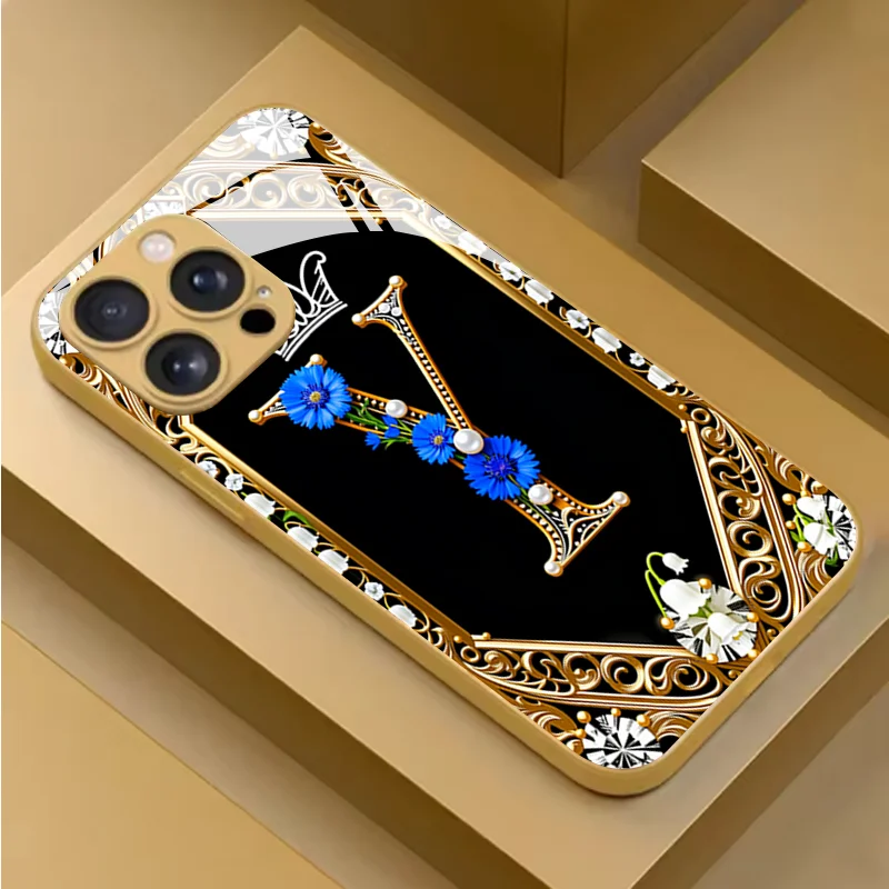 Black Gold Y Letter Tempered Glass Phone Case For Samsung Galaxy S26 Ultra S25 S24 S23 Plus S24 FE S25 Ultra Lens Protect Cover