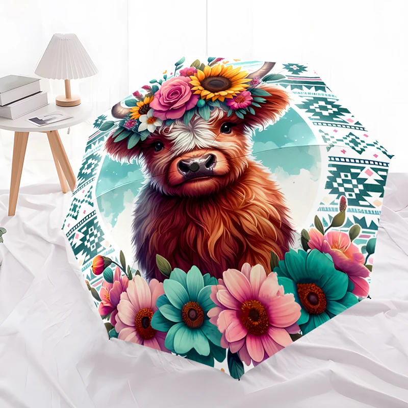 Cute Cow Theme Design Folding Umbrella - Fashionable Auto-Open Design 8 Iron Ribs Plastic Handle Foldable Sunshade，Perfect Gifts
