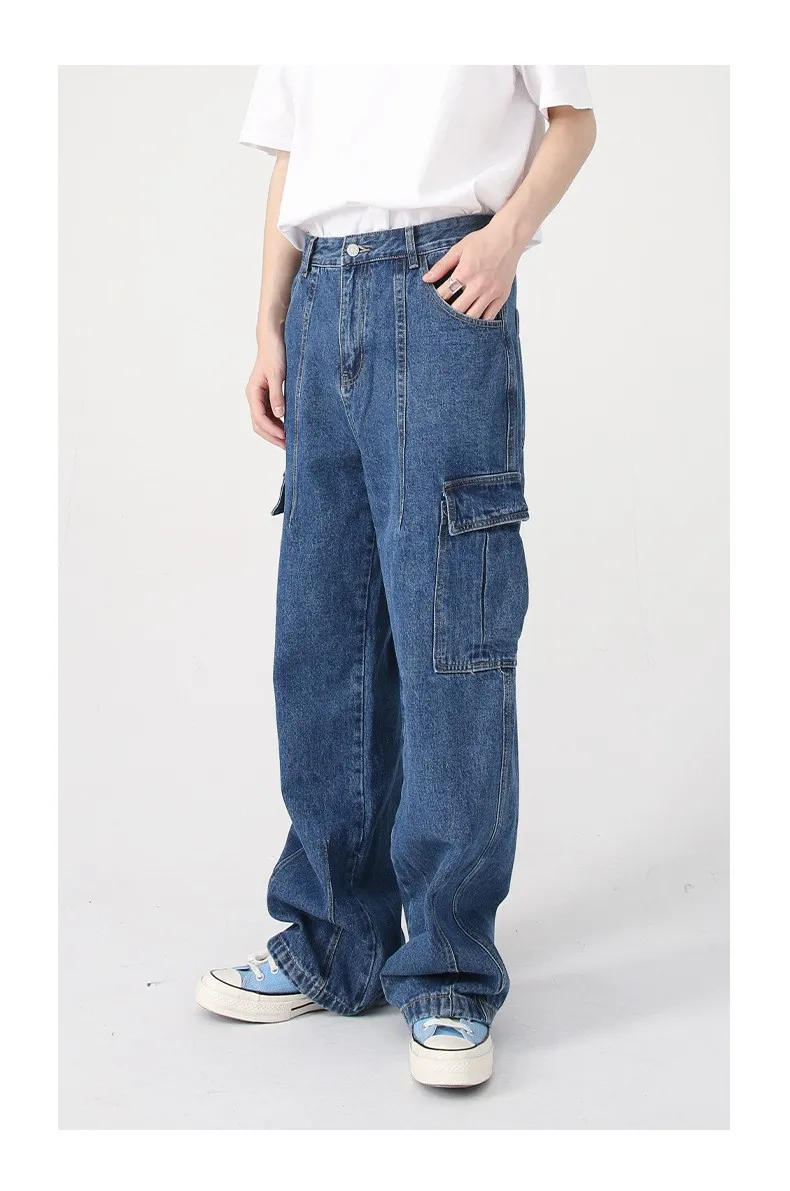 2026 Men's New American Retro Straight Mid Waist Casual Cargo Denim Jeans Loose Slimming Trendy and Retro Denim Trousers