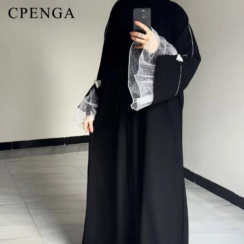 

Summer Black Abaya for Muslim Women Elegant Dubai Modest Dress with Lace Sleeves Islamic Vacation Outfit 2025 Turkey Kaftan Robe