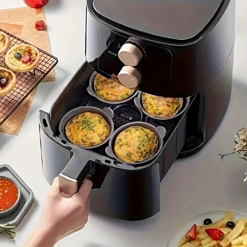 6 Stück schwarze Silikon-Backförmchen für Heißluftfritteusen – runde Antihaft-Muffin- und Tortenformen mit geripptem Texturdesign für Kuchen und Eierkuchen