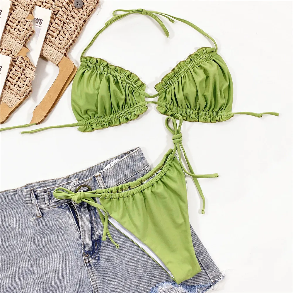 

Sexy Swimsuit Halter String Micro Thong Bikini Women Green Pleated Swimwear 2025 Bathing Suit Bandeau Red Bikinis Sets Biquinis