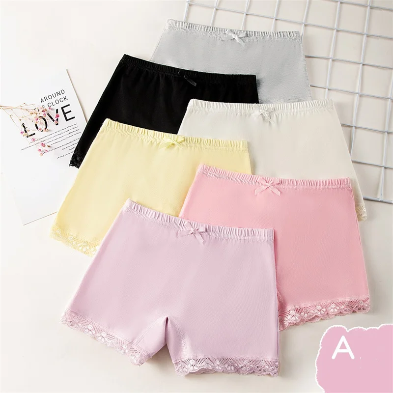 3-16 Y Kids Girls 4 Pcs Lace Edge Panties Soft Cotton Safety Pants Solid Color Flat Corner Underpants Prevent Exposure Leggings