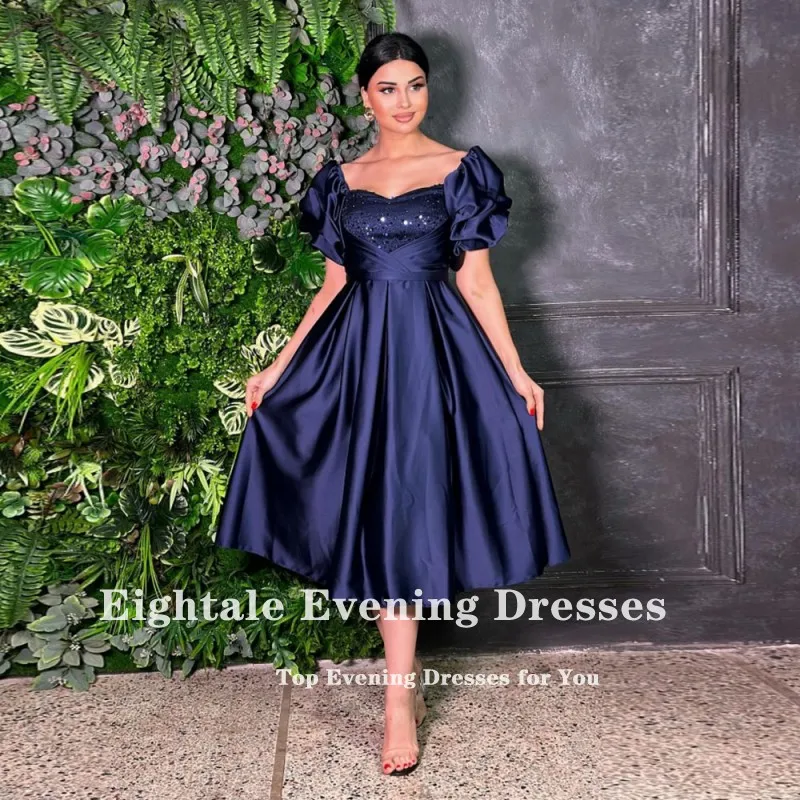 Eightale Navy Blue  Evening Dress Satin Short Sleeves Formal Arabic Prom Gown Short Wedding Party Dress Robes De Soirée