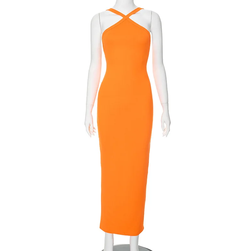 Women's Summer New Style Temperament Solid Color Hanging Neck Sleeveless High Waist Tight Split Long orange Dress