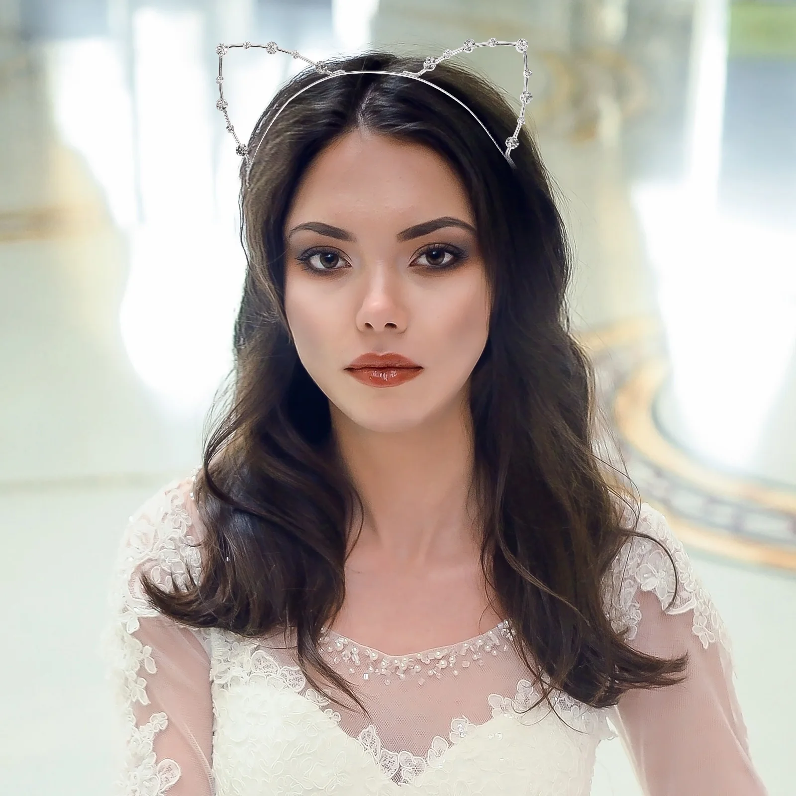 

Fashion Cat Ears Headband Silver Rhinestone Metal Hair Accessories 18 5x15 8cm Women Costume Party Prom Masquerade Ball Wired