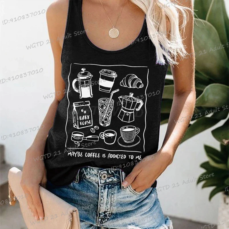 Женская майка с кофейным принтом «Maybe Coffee Is Addicted To Me», забавная футболка без рукавов, винтажная модная подарочная майка для любителей кофе